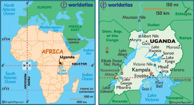 Mappa dell’Africa  e dell’Uganda (Foto: http://www.worldatlas.com)